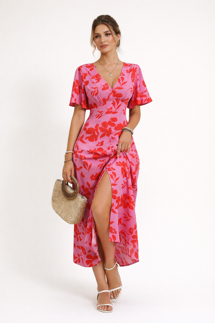 Midikleid mit Blumenmuster und Schlitz für Frauen - Amalia