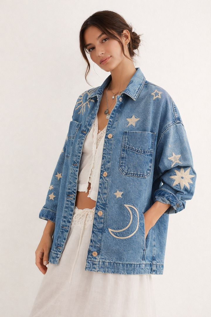 Himmlische bestickte Jeansjacke für Frauen - Brunhilda