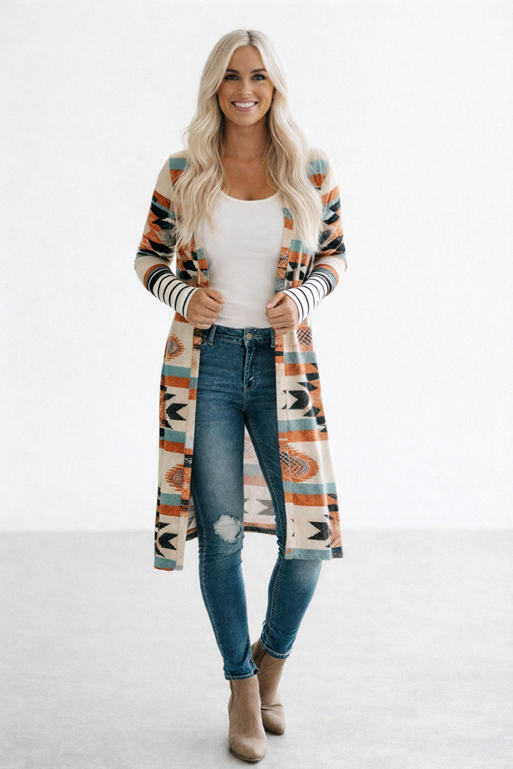 Lange Strickjacke mit mehrfarbigen geometrischen Blöcken - Laury