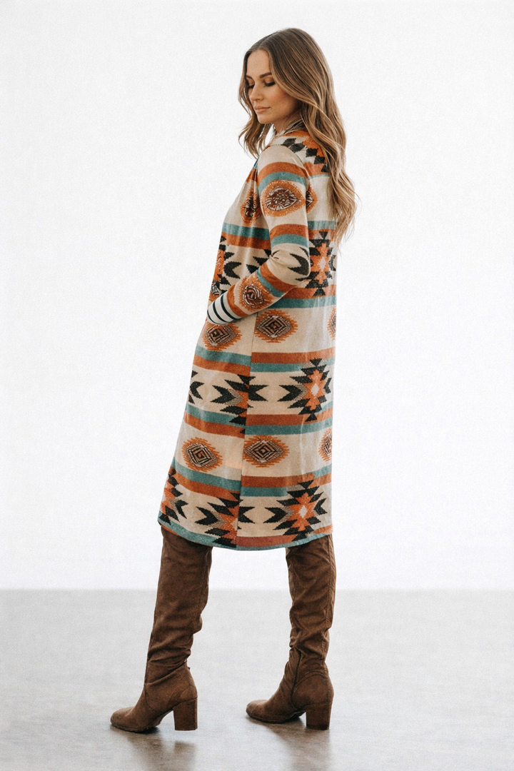 Lange Strickjacke mit mehrfarbigen geometrischen Blöcken - Laury