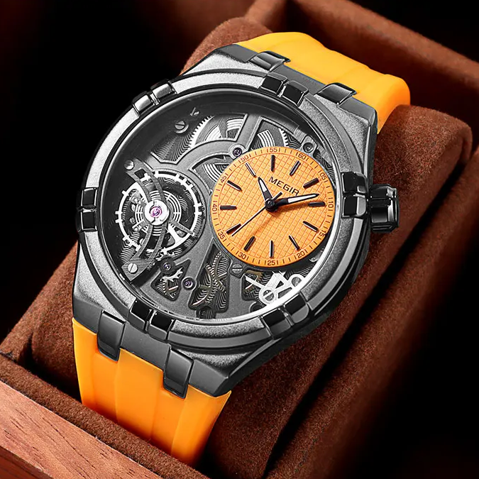 Mechanische Uhr mit Automatikaufzug, offenem Zifferblatt und Silikonarmband für Herren