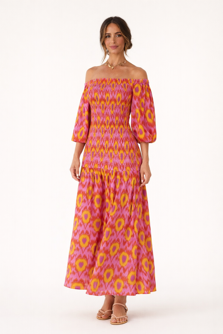 Langes schulterfreies Kleid mit Rüschen für Frauen - Anna
