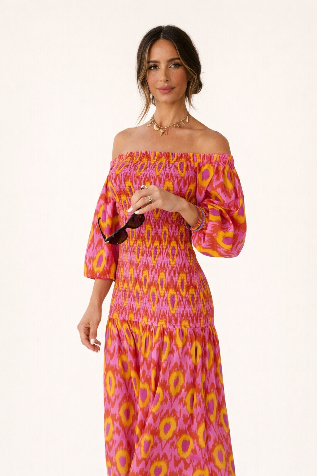Langes schulterfreies Kleid mit Rüschen für Frauen - Anna
