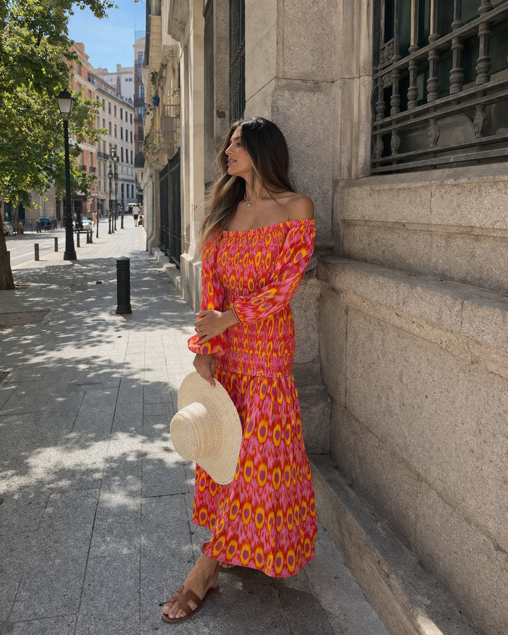 Langes schulterfreies Kleid mit Rüschen für Frauen - Anna