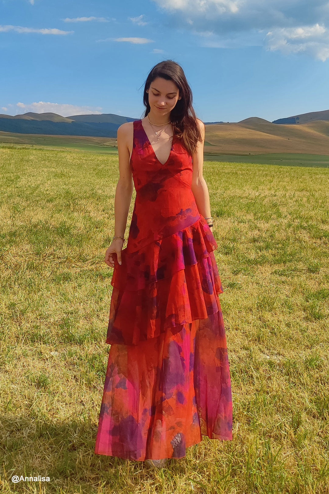 Langes Kleid mit Blumendruck und Rüschen - Camila
