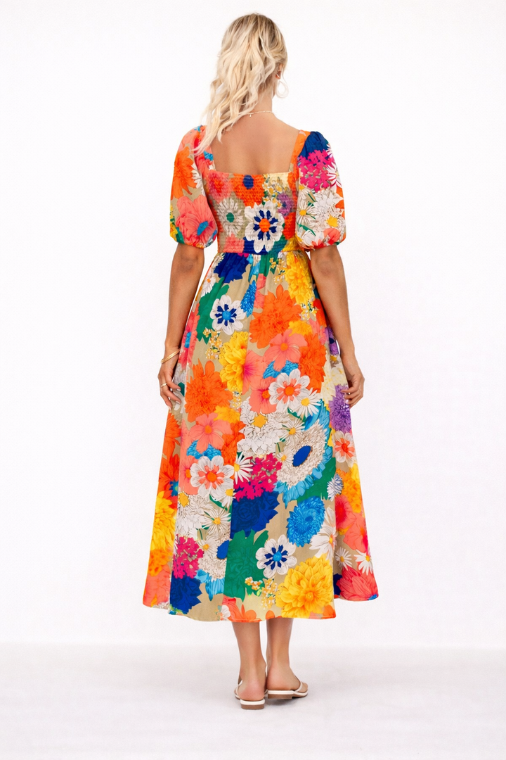 Midikleid mit Blumenmuster, V-Ausschnitt und kurzen Puffärmeln - Elviane