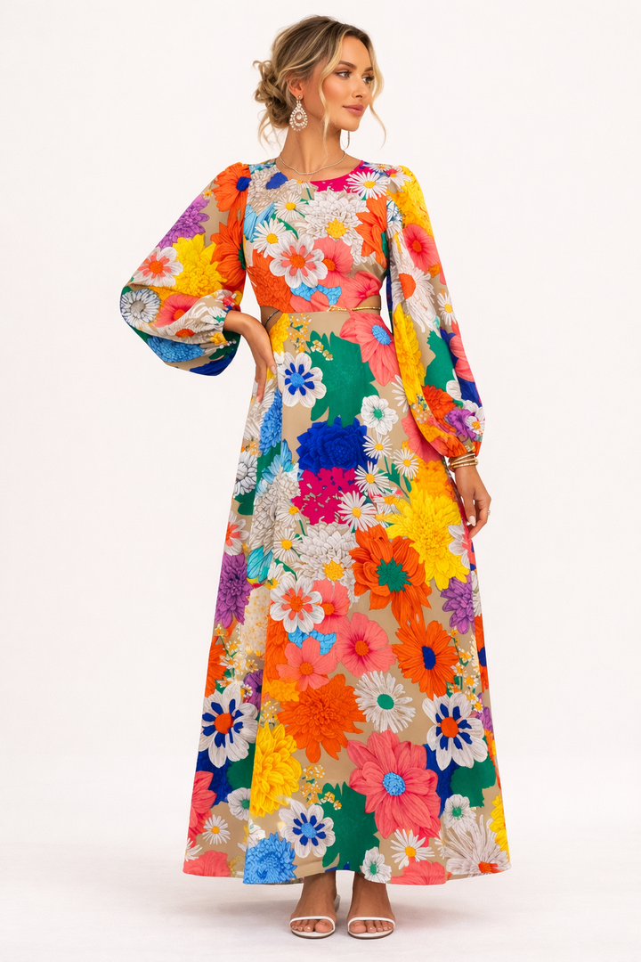 Maxikleid mit Blumendruck und langen Puffärmeln - Orlena