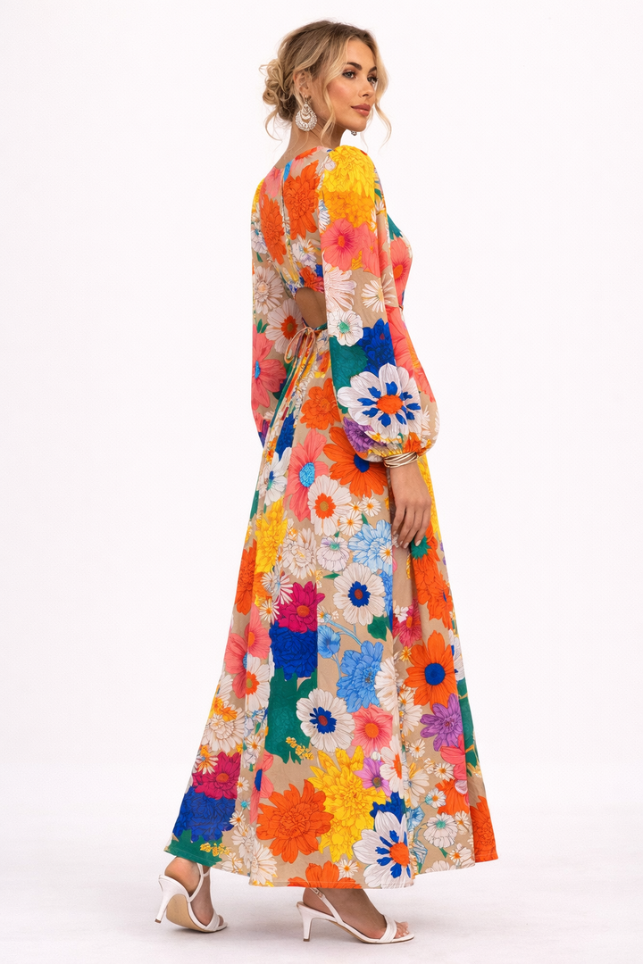 Maxikleid mit Blumendruck und langen Puffärmeln - Orlena