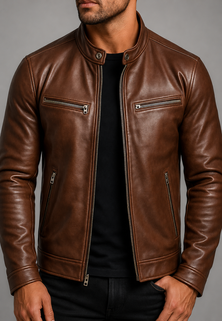 Herren-Bikerjacke in Lederoptik mit Stehkragen und vier Reißverschlusstaschen - Kaelor