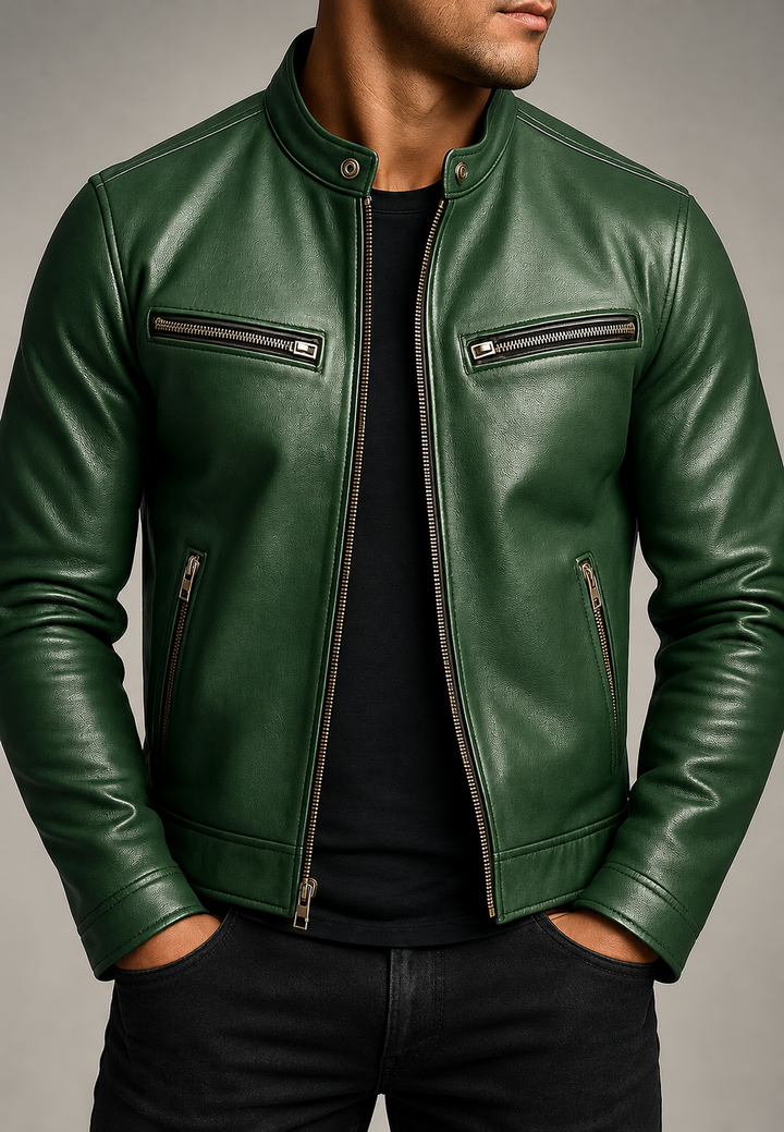 Herren-Bikerjacke in Lederoptik mit Stehkragen und vier Reißverschlusstaschen - Kaelor