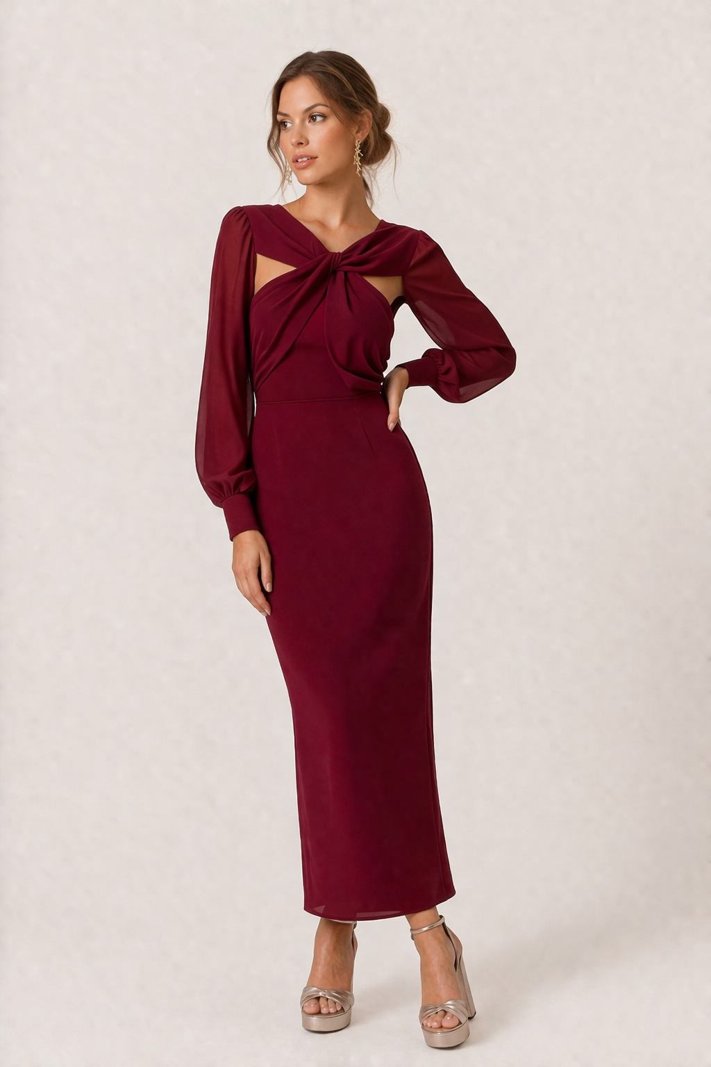 Damen Midikleid geknotet vorne langarm elegant feminin - Isolde