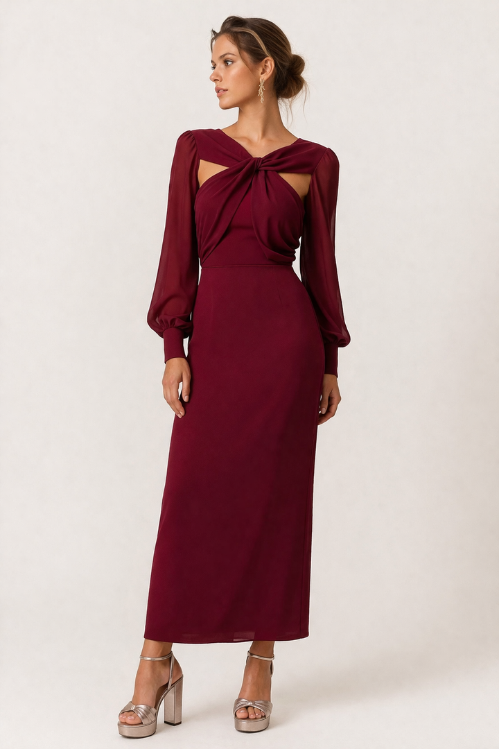 Damen Midikleid geknotet vorne langarm elegant feminin - Isolde