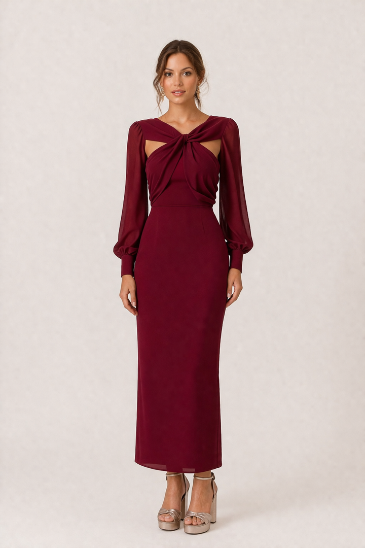 Damen Midikleid geknotet vorne langarm elegant feminin - Isolde