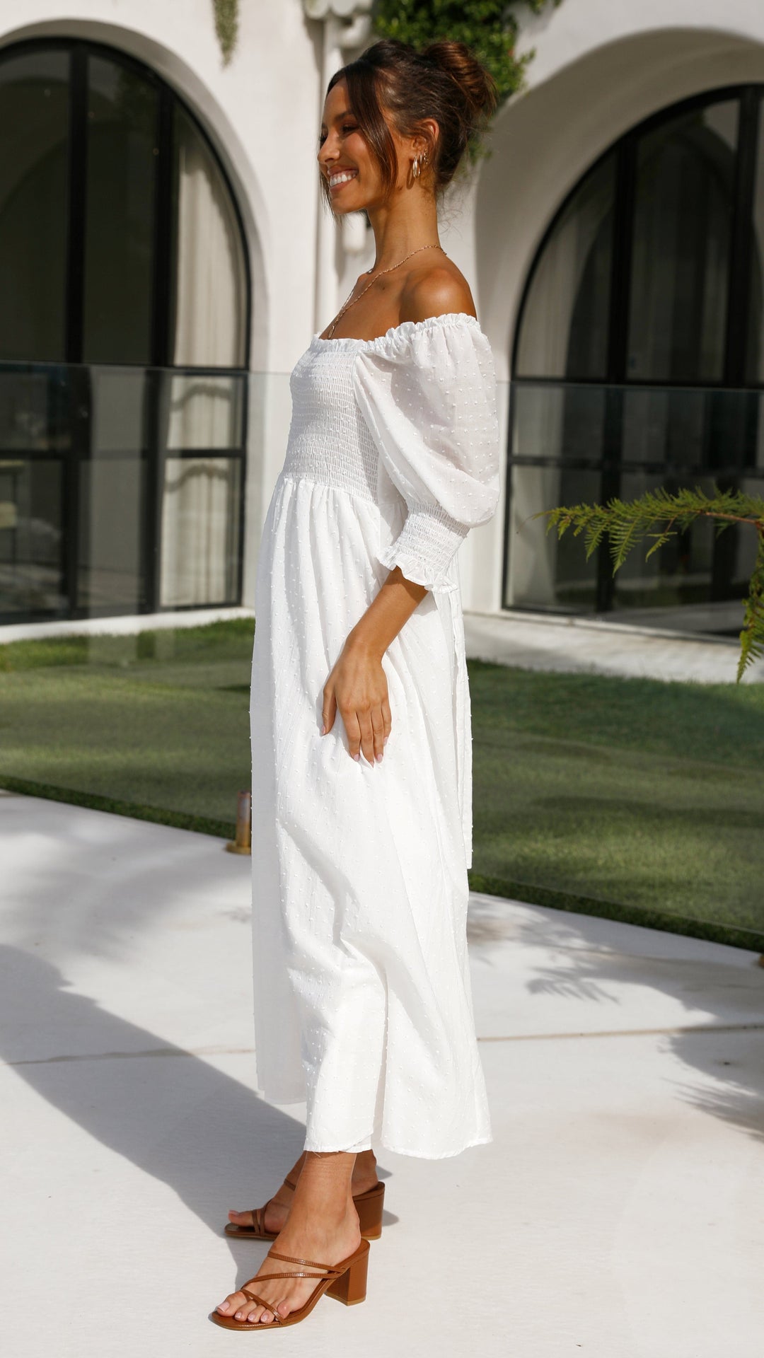 Weißes Midi-Kleid mit freien Schultern für Damen – Renata