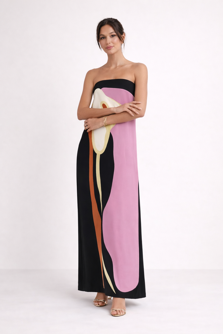 Trägerloses trägerloses Maxikleid lang Sommer elegant Druck - Rivelle