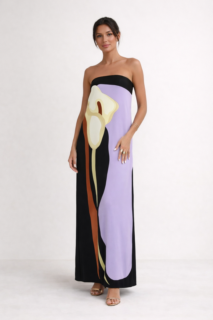 Trägerloses trägerloses Maxikleid lang Sommer elegant Druck - Rivelle