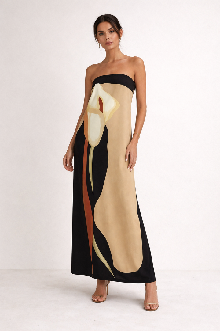 Trägerloses trägerloses Maxikleid lang Sommer elegant Druck - Rivelle