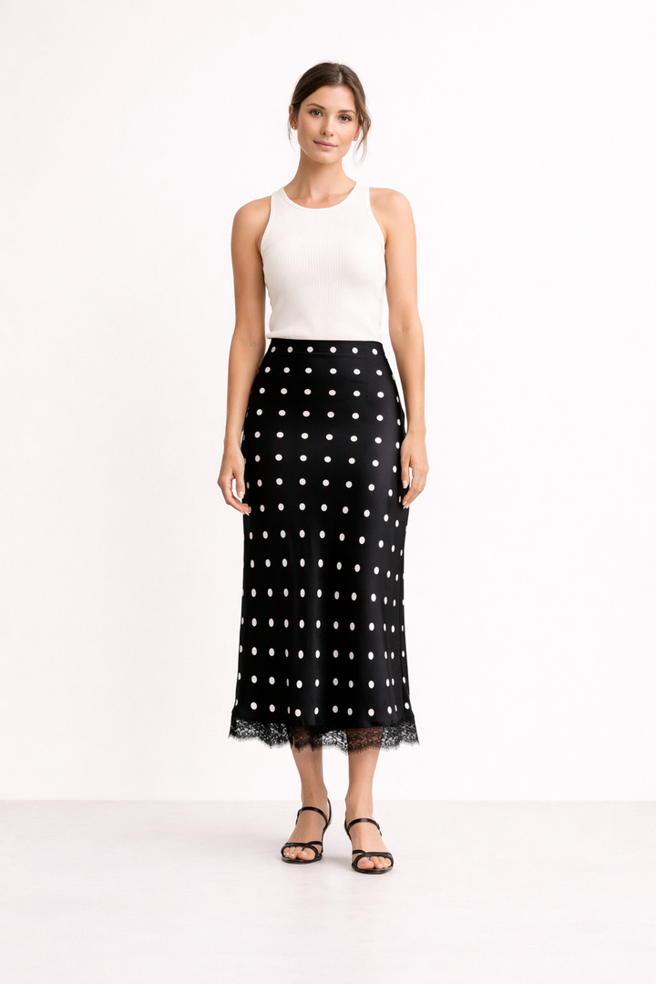Midirock für Damen mit Tupfenmuster und eleganter Spitze - Solenne