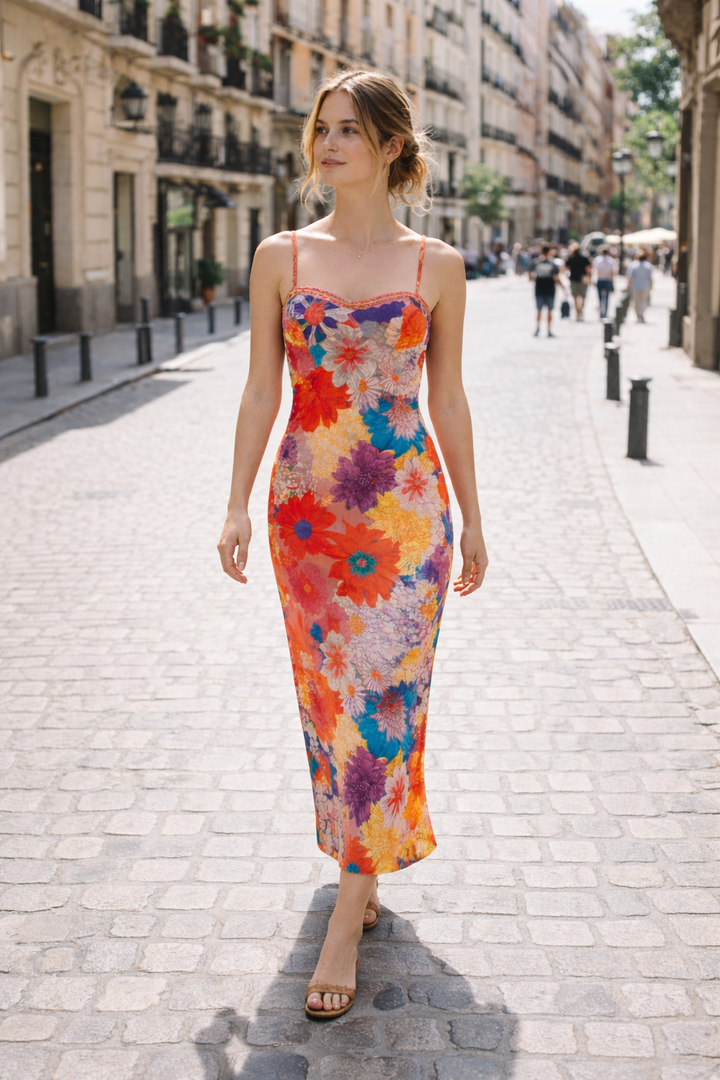 Maxikleid mit Blumendruck und eng anliegenden Trägern - Lirenne