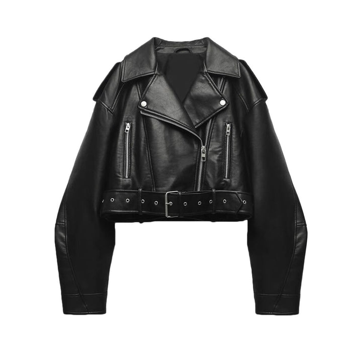 Kurze Damen-Bikerjacke mit Gürtel und Crossover-Verschluss - Zaireth