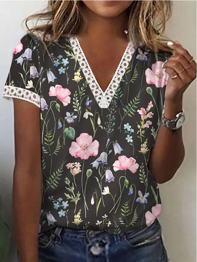 Sherly – Elegantes T-Shirt mit kurzen Ärmeln und V-Ausschnitt-Print für Damen