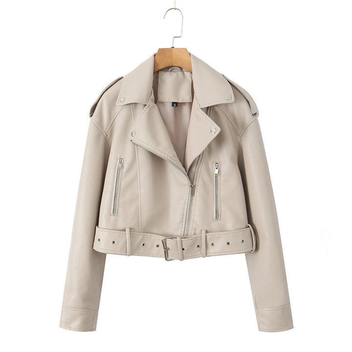 Kurze Damen-Bikerjacke mit Gürtel und Crossover-Verschluss - Zaireth