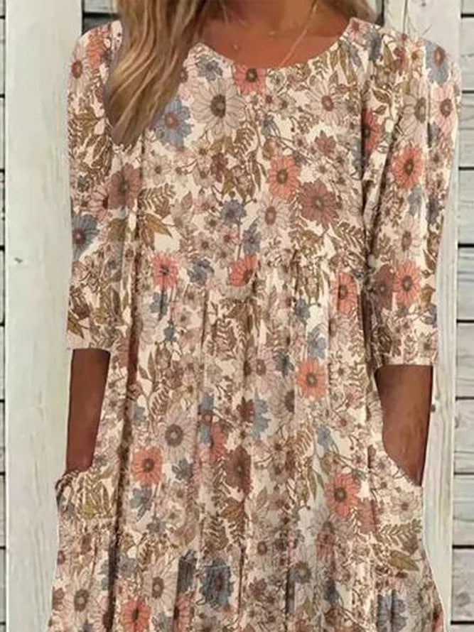 Sarina – Bohemian-Kleid mit Rundhalsausschnitt, lockeres, lässiges Taschenkleid für Damen