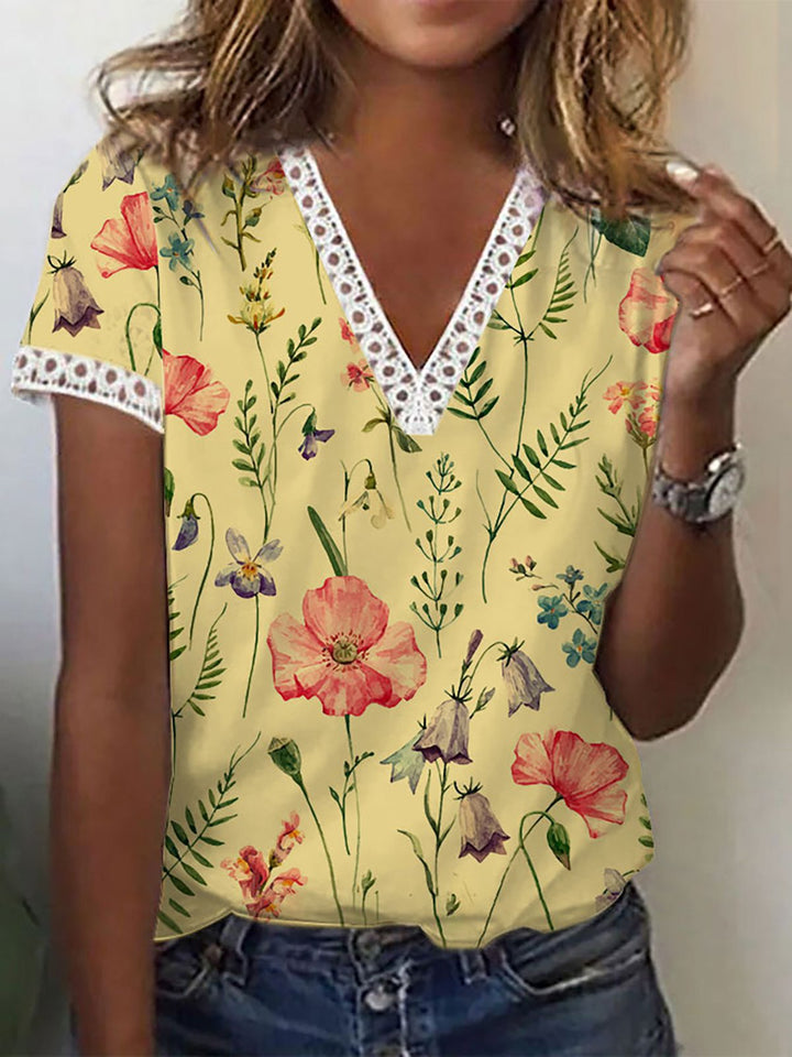 Sherly – Elegantes T-Shirt mit kurzen Ärmeln und V-Ausschnitt-Print für Damen