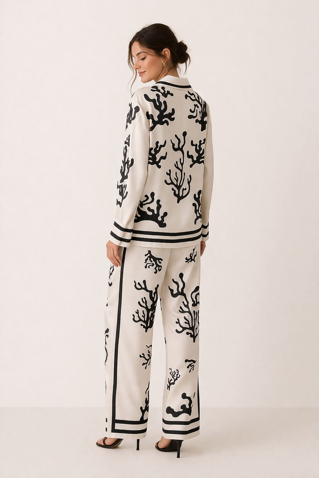 Damen Set Bluse weite Hose eleganter Druck - Peony