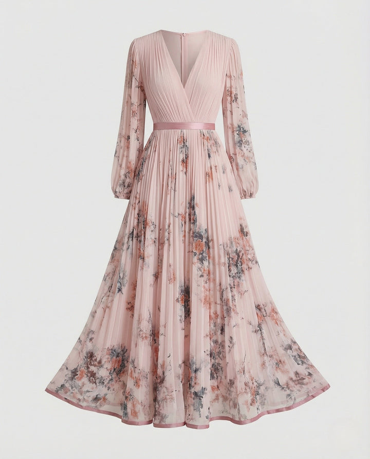 Plissiertes Maxikleid mit langen Ärmeln und überkreuztem Ausschnitt für Damen - Alwine