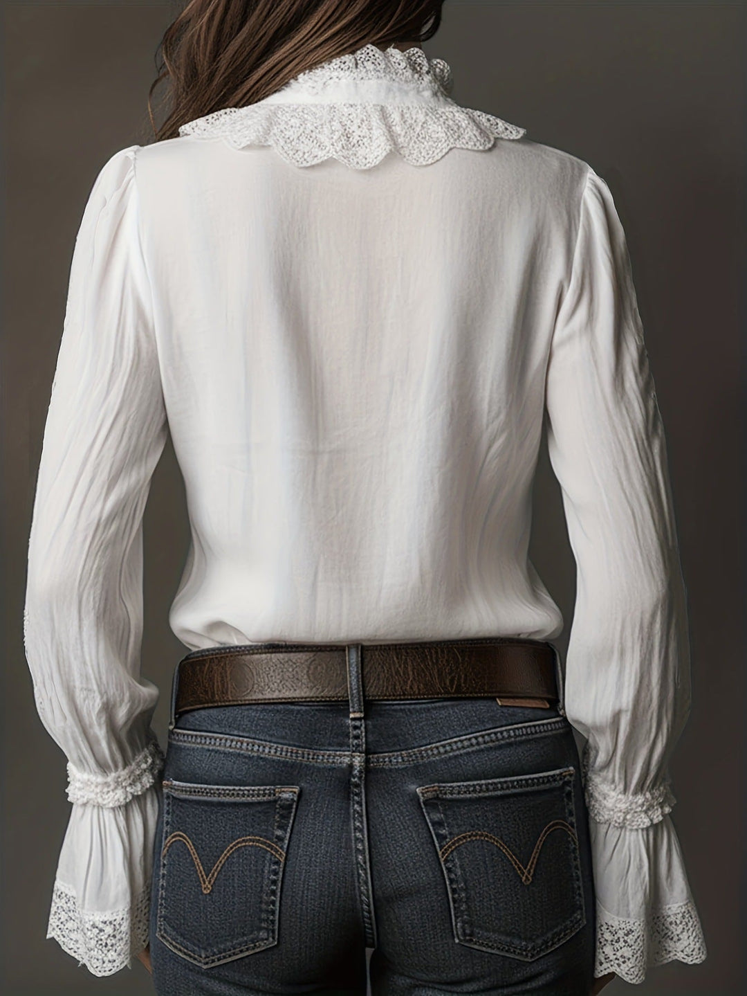 Damen Bluse fließender Stoff Spitzenapplikation lange Ärmel lockere Passform Alltag - Elsbeth