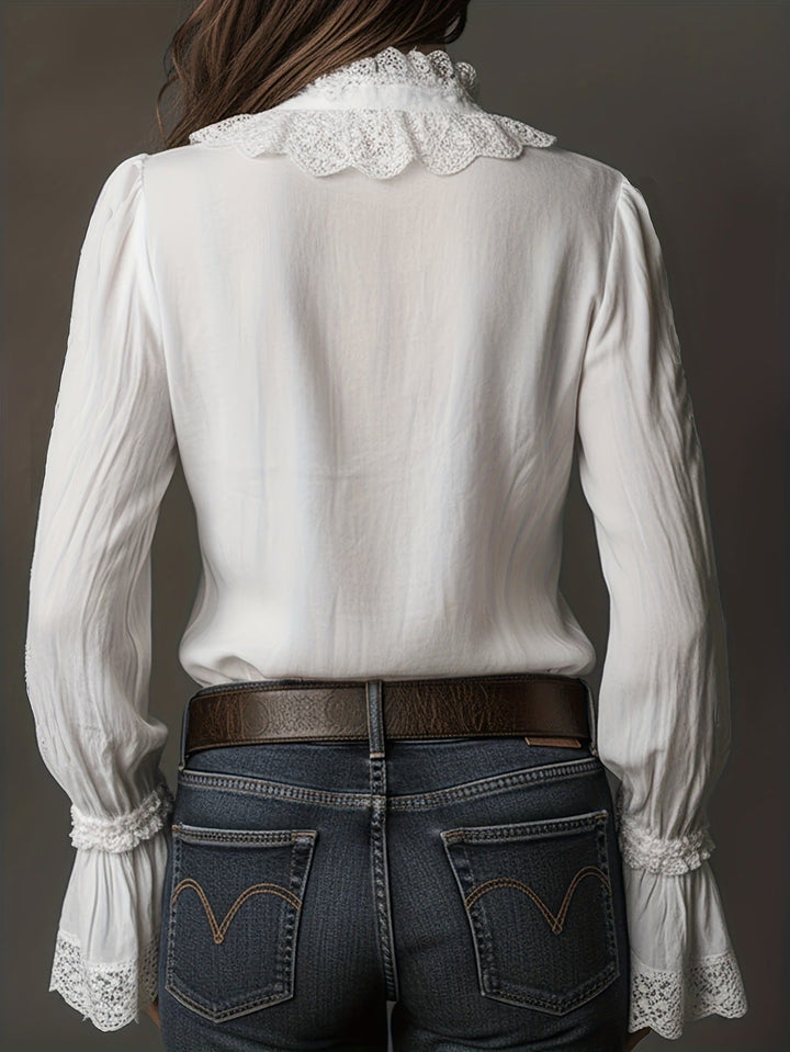 Damen Bluse fließender Stoff Spitzenapplikation lange Ärmel lockere Passform Alltag - Elsbeth