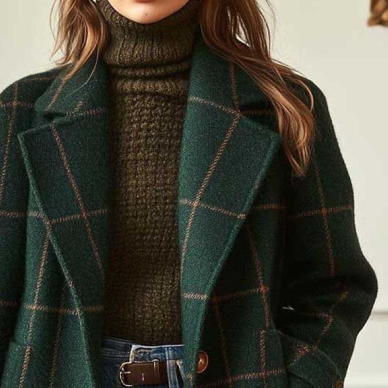 Eleganter Damenmantel mit breitem Revers und Karomuster - Yara
