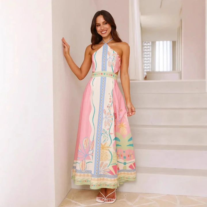 Valentina langes bedrucktes Kleid mit Neckholder-Ausschnitt für Frauen - Valentina