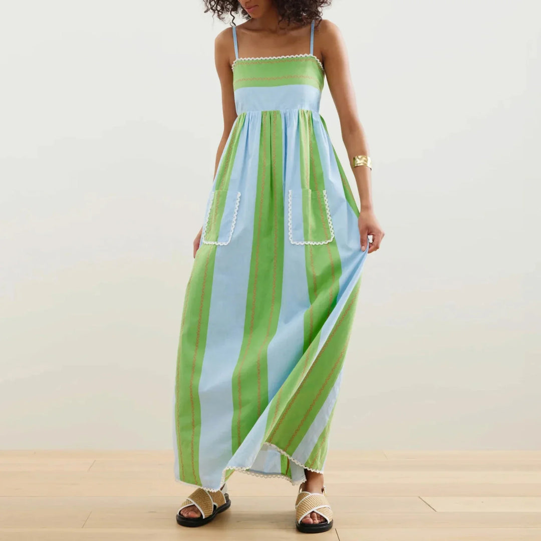 Damen Maxikleid mit dünnen Trägern und gestreiftem Muster - Liora