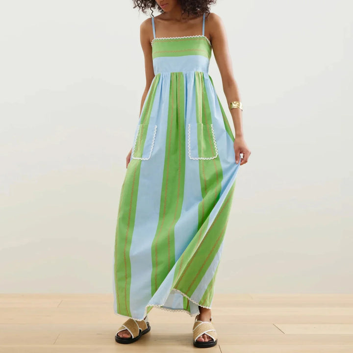 Damen Maxikleid mit dünnen Trägern und gestreiftem Muster - Liora