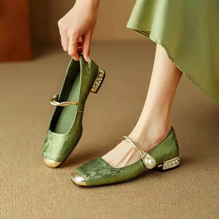Damen Ballerina Pumps mit Metallic-Spitze und Blockabsatz mit Kristallen - Valeria