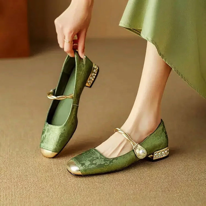 Damen Ballerina Pumps mit Metallic-Spitze und Blockabsatz mit Kristallen - Valeria