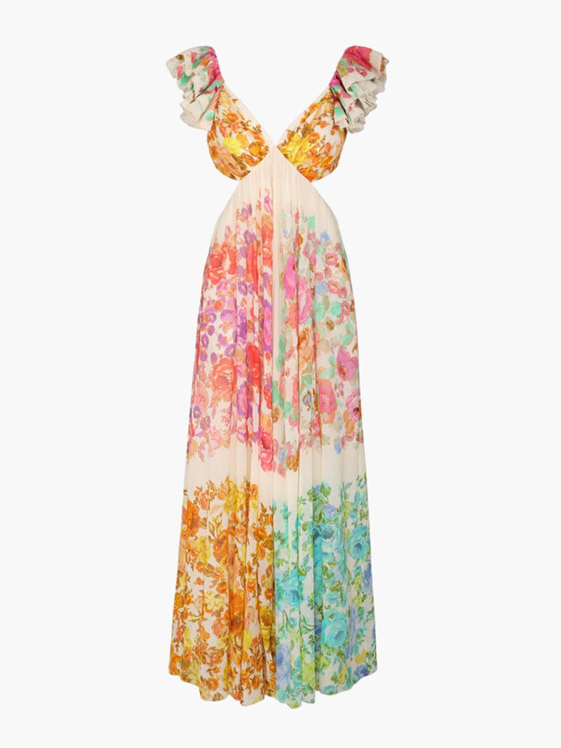 Langes Bohème-Kleid für Frauen mit mehrfarbigem Druck - Rhoswen
