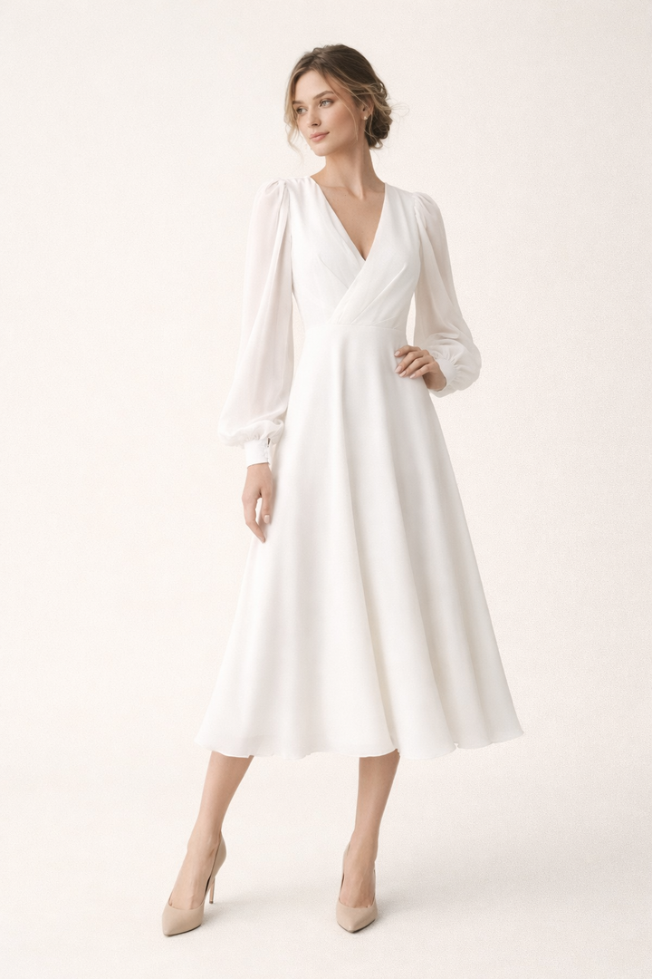 Langes Kleid mit V-Ausschnitt und langen Puffärmeln - Elsa