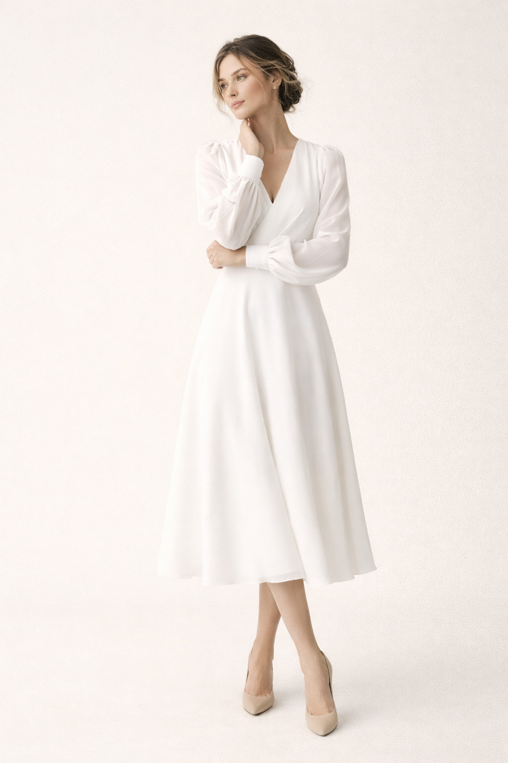 Langes Kleid mit V-Ausschnitt und langen Puffärmeln - Elsa