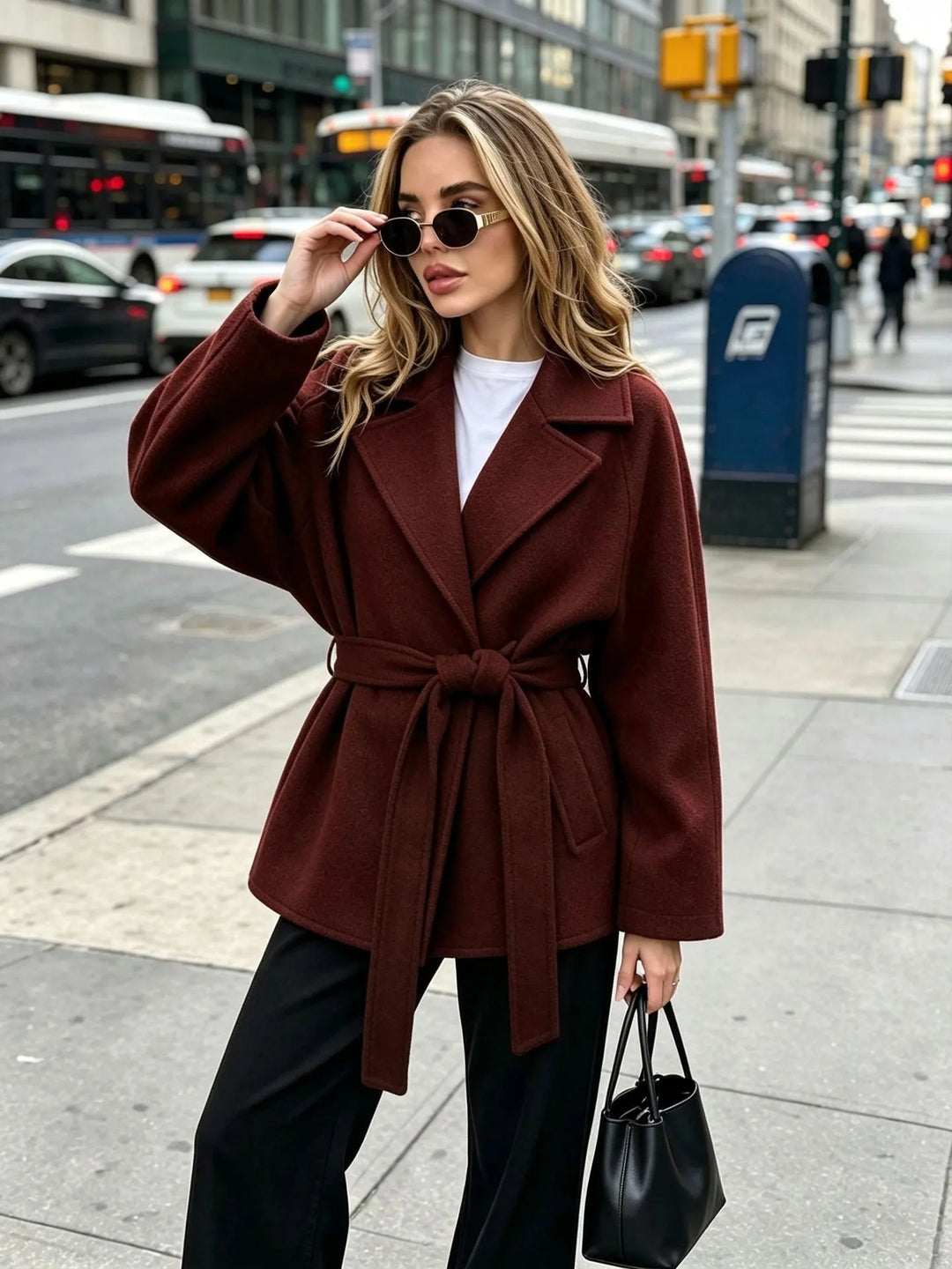 Kurze Tuchjacke mit Gürtel und Revers - Calina