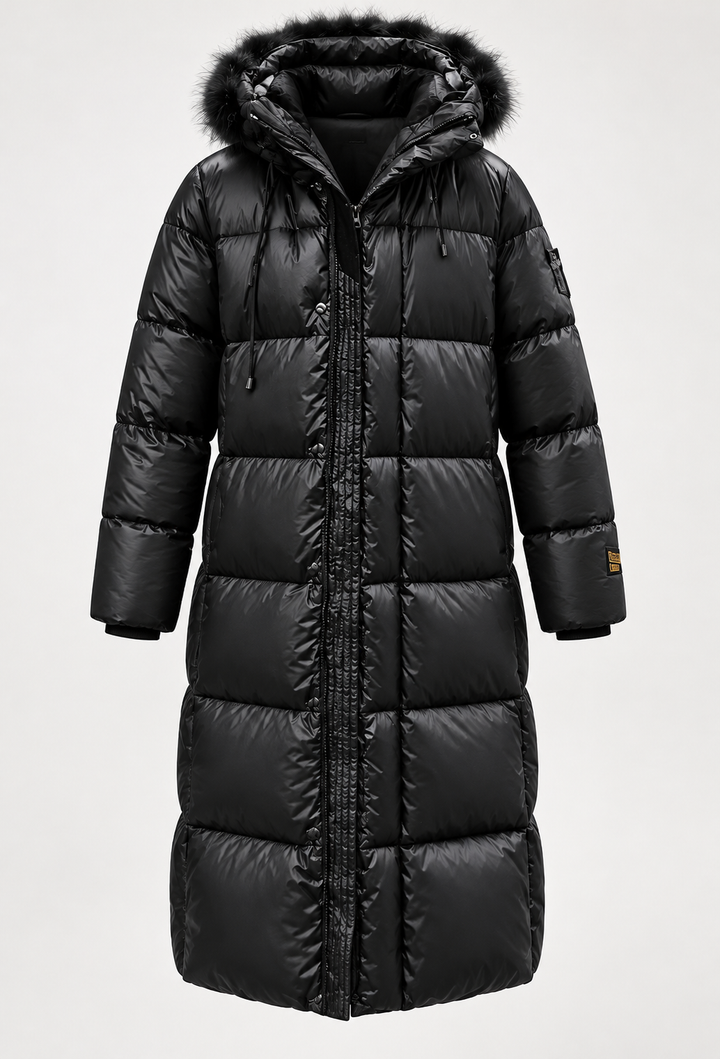 Damen langer Steppmantel mit Kapuze und weitem Schnitt für den Winter - Amalia
