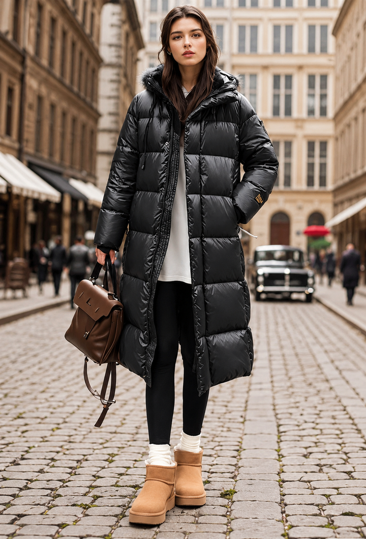 Damen langer Steppmantel mit Kapuze und weitem Schnitt für den Winter - Amalia