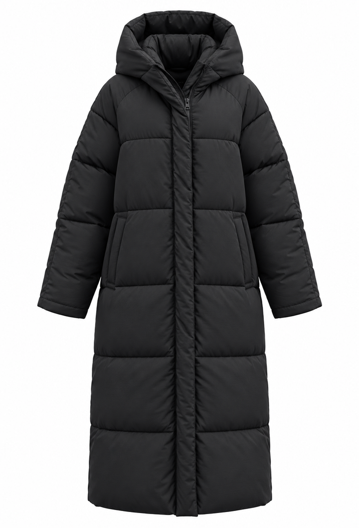 Damen langer Steppmantel mit Kapuze im Oversize-Schnitt für den Winter - Odette
