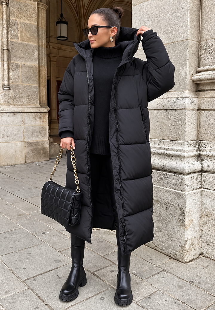 Damen langer Steppmantel mit Kapuze im Oversize-Schnitt für den Winter - Odette