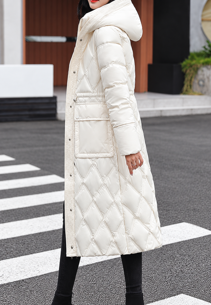 Damen langer Steppmantel mit Kapuze und verstellbarer Taille - Maribel