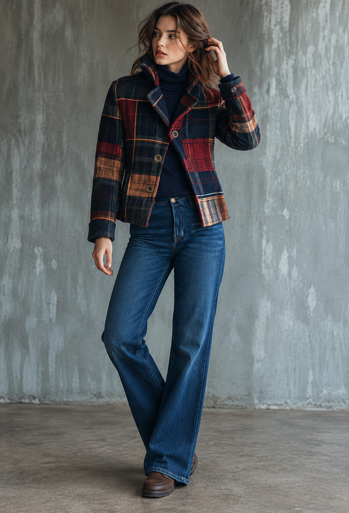 Damenblazer mit Patchwork-Karomuster und gekerbtem Revers – Noémie