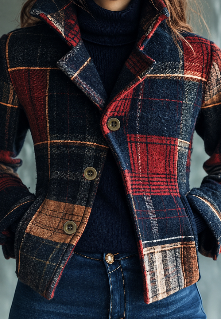 Damenblazer mit Patchwork-Karomuster und gekerbtem Revers – Noémie