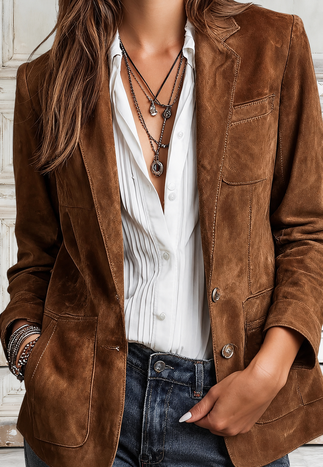 Blazer in Wildlederoptik mit Revers und aufgesetzten Taschen – Zélie